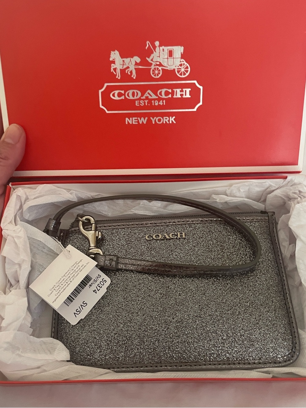 Coach Silver Glitter Wristlet Clutch with Detachable Strap